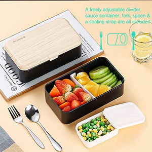 Lunchbox portapranzo Scatole bento box contenitore originale divisore bundle stile giapponese con cucchiaio e forchetta in acciaio inox (Nero)