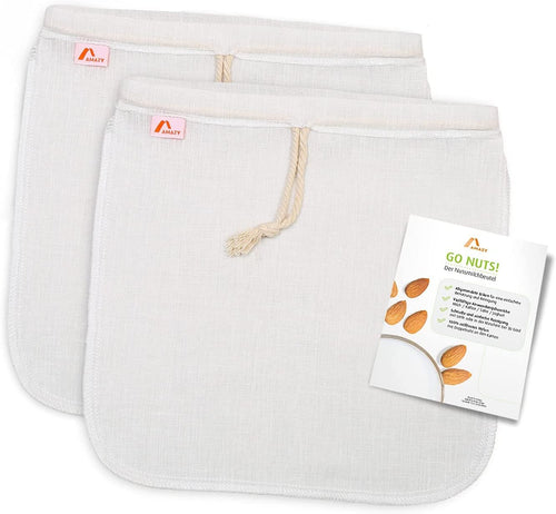 Amazy Borsa per Latte di Noci (2 Sacchetti) - Sacchetto filtrante Latte vegetale, Latte di Noci, Mandorla, Frutta secca, e Cereali con 8 Etichette di Gesso e Manuale illustrativo (30 x 30cm)