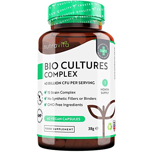 Probiotici (ottimi per yogurt vegetale) - 40 miliardi CFU con 15 ceppi batterici a porzione - 60 capsule vegane di massimo dosaggio e potenza - Prodotto nel Regno Unito da Nutravita