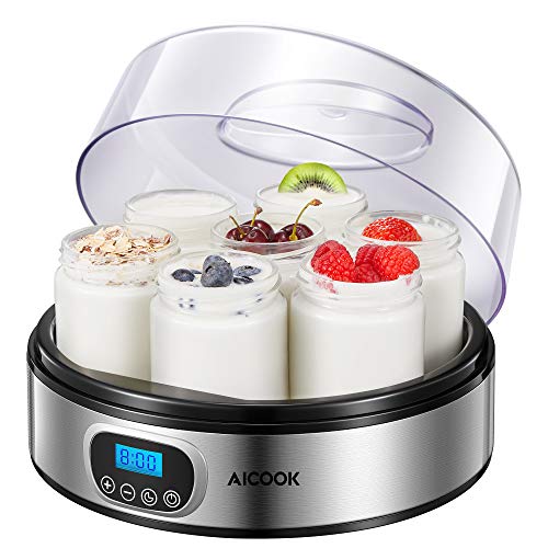 Yogurtiera Elettrica con Display LCD e 7 Vasetti da 200ml, Timer di Spegnimento Automatico, Yogurtiera in Acciaio Inossidabile con Yogurt Ricetta