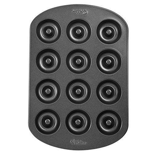 Wilton Piastra CIAMBELLINE Antiaderente 12 CAVITA’ Teglia da Forno per Mini Donuts, Acciaio, Nero
