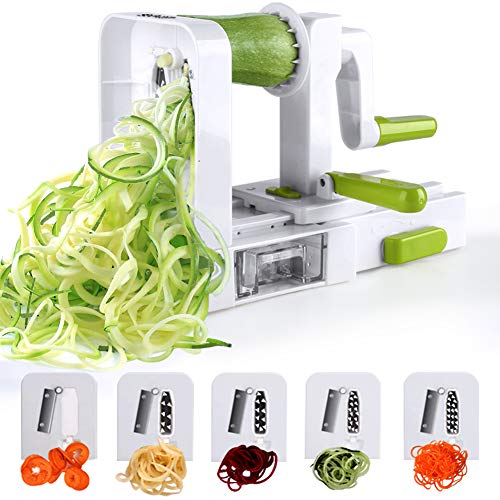 Sedhoom Affettatrice per Verdure, Affettaverdure a spirale Pieghevole con 5 Lame Spiralizzatore Taglia Verdure / Frutta (Patate, Zucchine, Cetrioli, Carote)